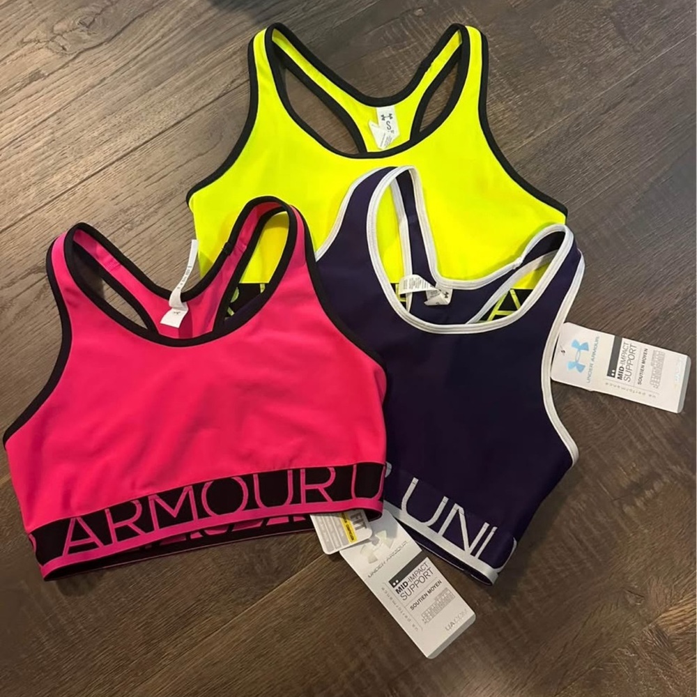 Under Armour Sports Bra Trio - Neon Pink, Bright Yellow, Purple - size small